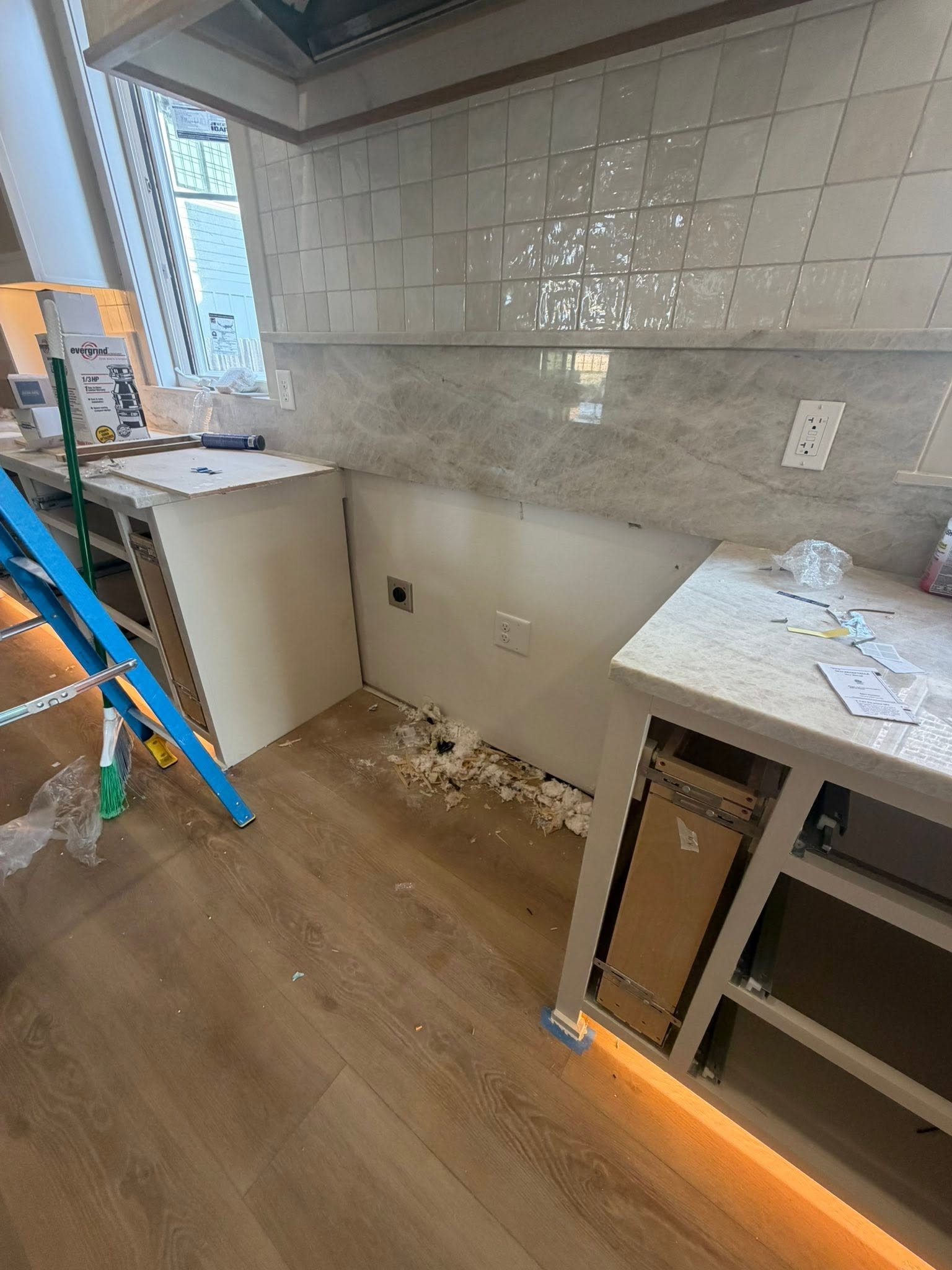 Before — kitchen rough clean, tile backsplash install